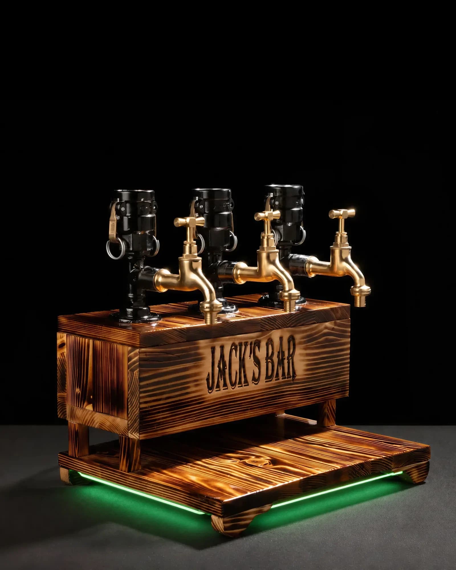 Tavus Personalized Wooden Drink Dispenser, 3 taps, brass tap, shou sugi ban, with LED